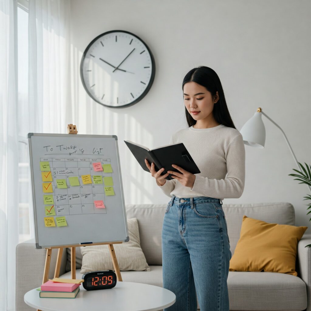 A women standing in an office room and doing time management