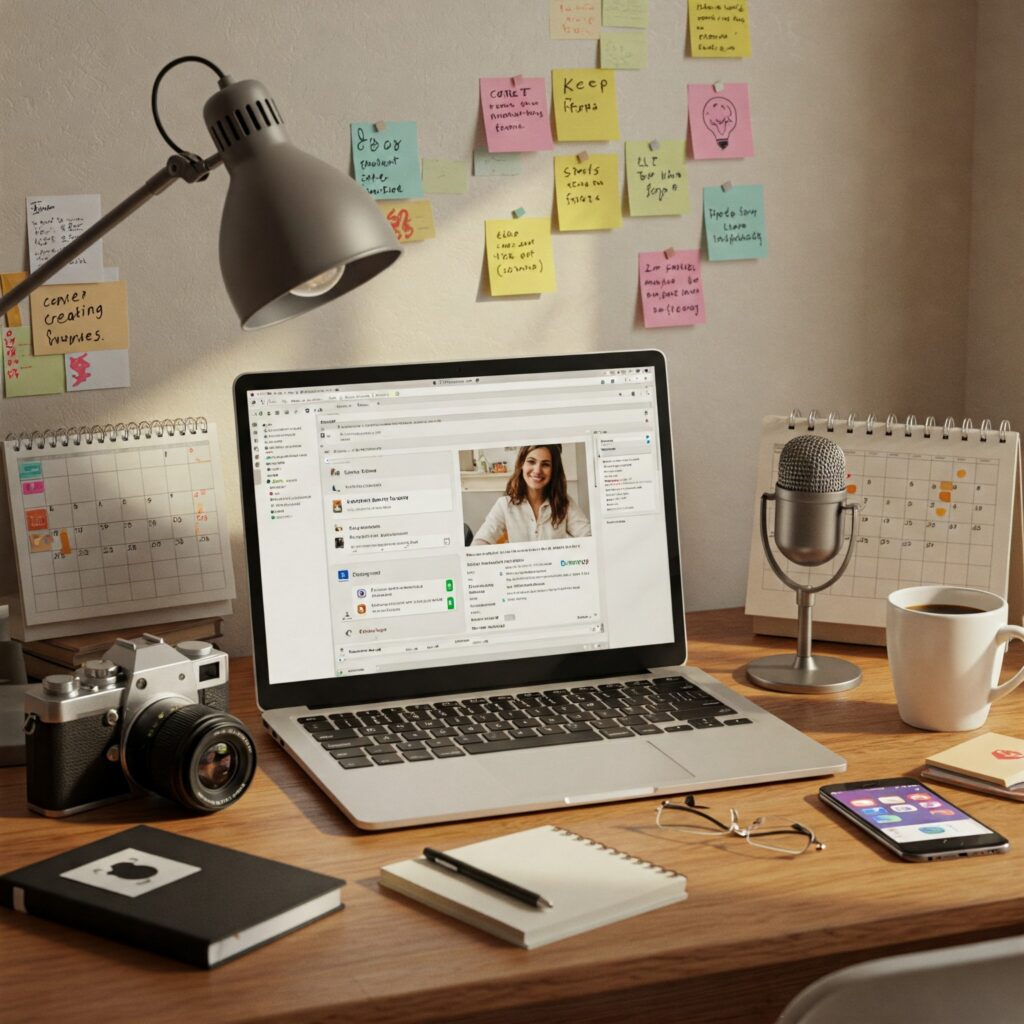 A person developing the personal branding by posting content consistently.  Laptop is open on work desk.