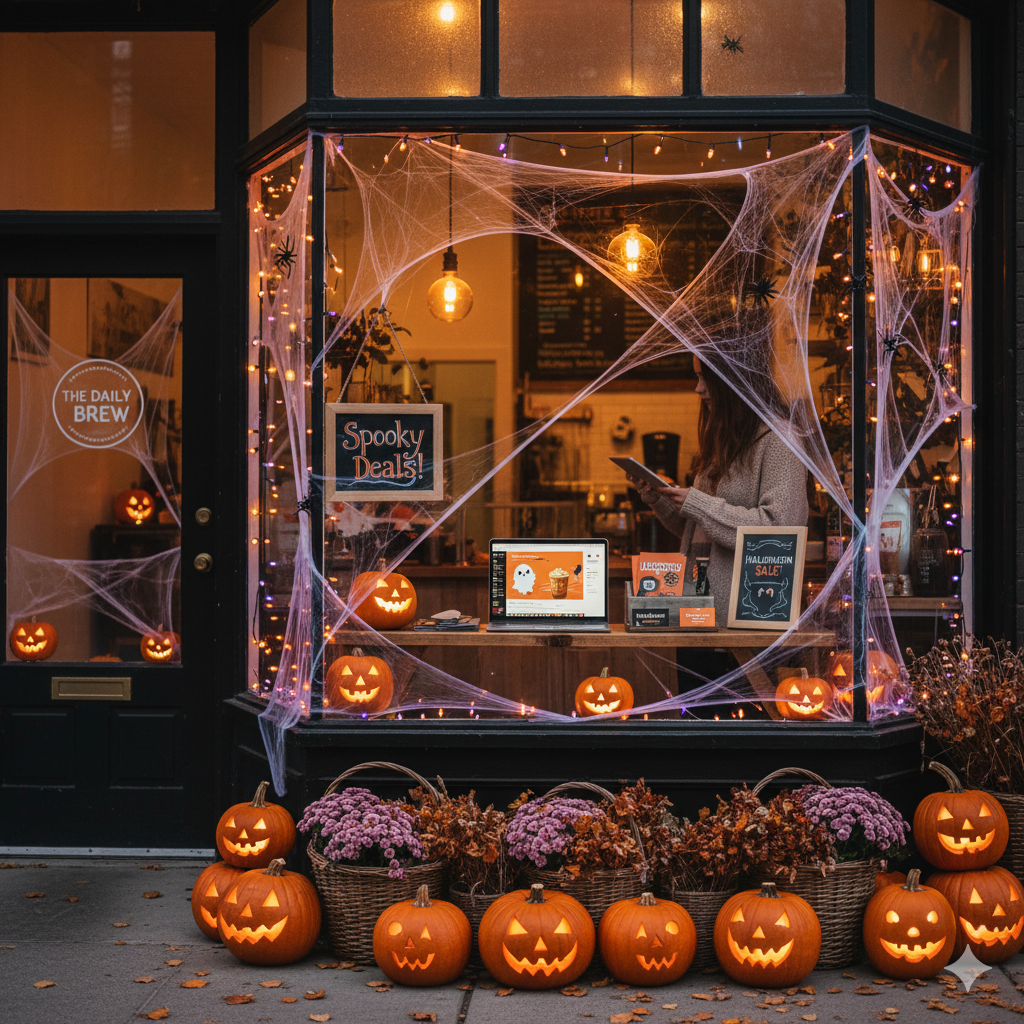 A square, high-quality photograph of a small business storefront or café decorated for Halloween — pumpkins, cobwebs, string lights, and orange-black décor. The shop window or counter displays marketing elements like a laptop showing digital ads, flyers, business cards, and a small “Halloween Sale” sign. Add subtle details hinting at marketing work — a person adjusting a social media post on a tablet, a chalkboard with “Spooky Deals” written on it, and cozy autumn lighting. The overall feel should combine Halloween festivity with small business creativity and professionalism.